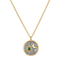 Celestial Birthstone Necklace - May featuring a sun and moon design in 18kt gold plate, set against a gunmetal background, perfect for spiritual jewelry, meditation, and as a talisman for manifestation.