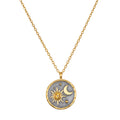 Celestial Birthstone Necklace - November featuring a radiant sun and crescent moon design set in 18kt gold plate against a gunmetal background. This stunning piece of spiritual jewelry serves as a meaningful talisman for meditation and manifestation, aligning with zodiac energies. Perfect for yoga enthusiasts seeking protection and inspiration from celestial symbols.