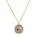 Celestial Birthstone Necklace - September featuring a sun and moon design in 18kt gold plate set on a gunmetal background, perfect for spiritual jewelry, meditation, and meaningful manifestations of protection.