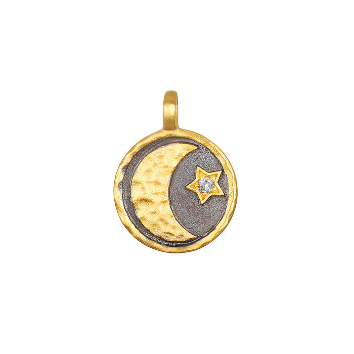 Celestial Bodies White Topaz Charm featuring a gold-plated crescent moon and white topaz star, perfect for spiritual jewelry and meditation practices, symbolizing individuality and protection—ideal for manifestation and yoga enthusiasts.