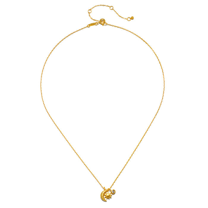 Gold-toned chain necklace with crescent moon and star charm pendant, adjustable clasp closure.