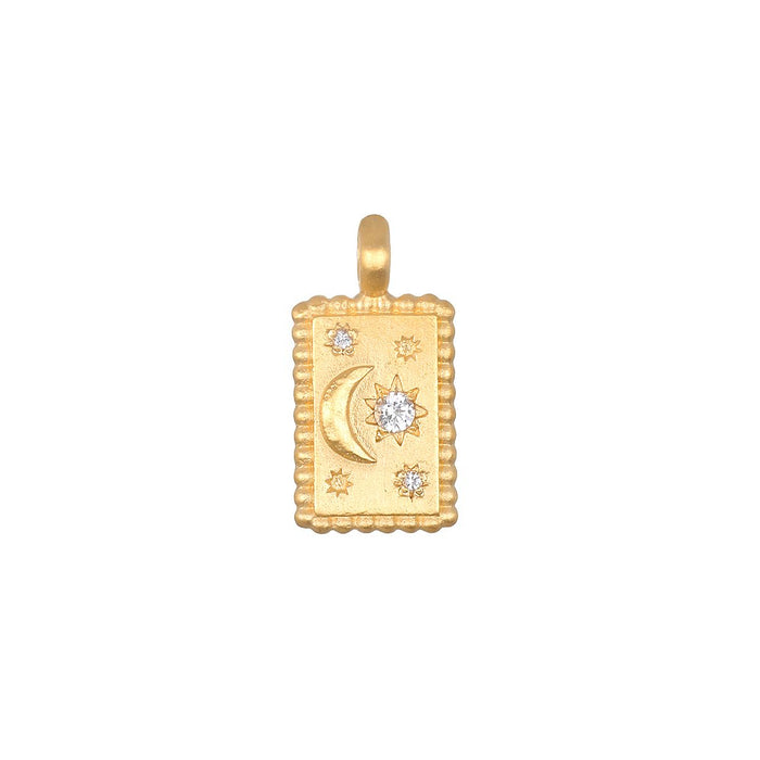 Celestial Rectangle Charm featuring a moon and star design, crafted in 18kt gold plating, symbolizing spirituality and guidance. This meaningful charm serves as a talisman for protection and inspiration, ideal for a personalized necklace worn during meditation, yoga, or for manifestation.
