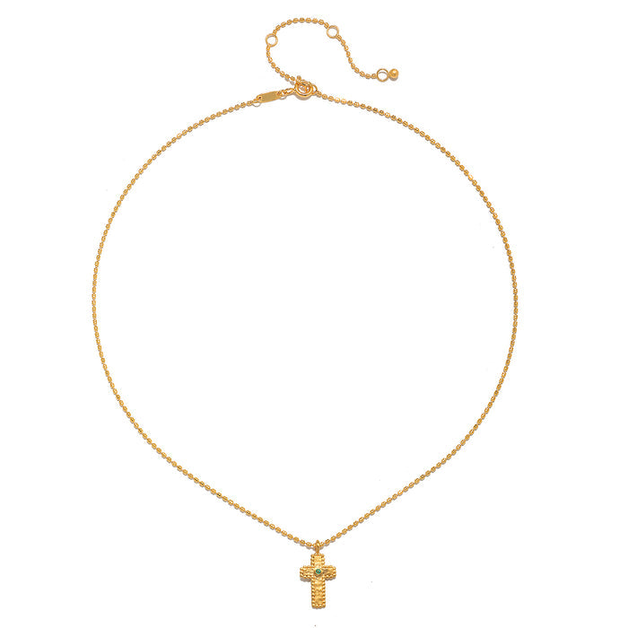 Detailed view of the Centered in Faith Cross Gold Necklace with an emerald stone, representing spiritual meaning and protection, perfect for meditation and as a talisman.