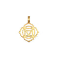 Gold-toned metal charm with geometric chakra symbol design and attached bail loop.