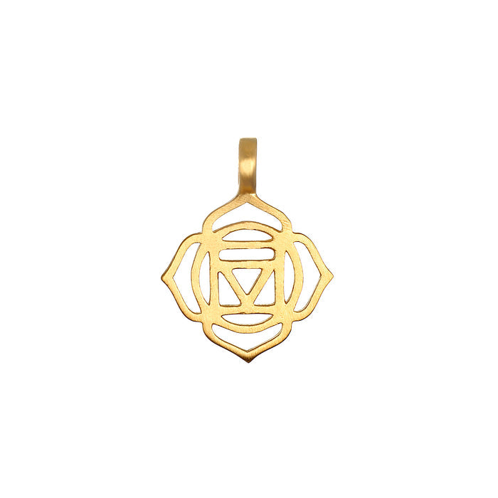 Gold-toned metal charm with geometric chakra symbol design and attached bail loop.