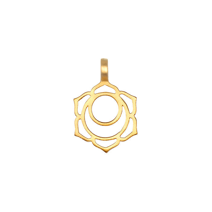 Gold-toned charm with circular center surrounded by petal-like cutouts and a loop attachment at top.