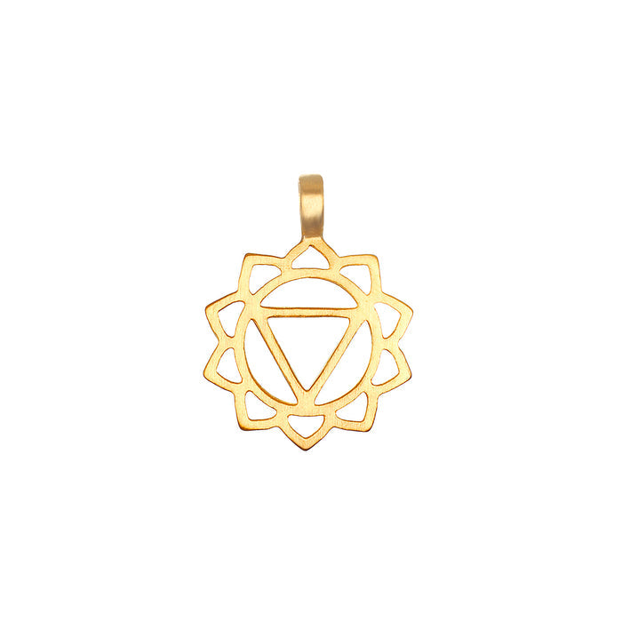 Gold-toned metal charm with geometric lotus flower design and central triangle cutout.