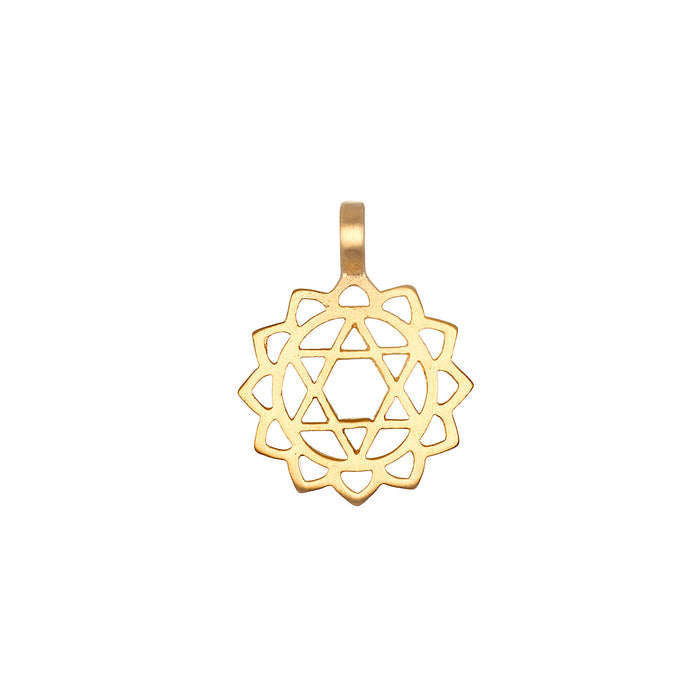 Gold-toned metal charm with geometric star and flower cutout design and attached loop.