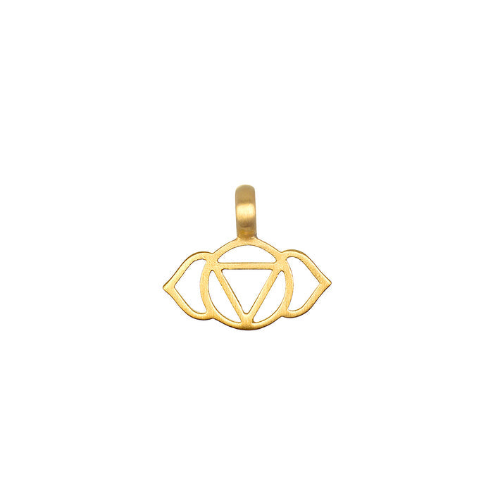 Gold-toned metal charm with cutout lotus flower and eye design, featuring a loop for attachment.