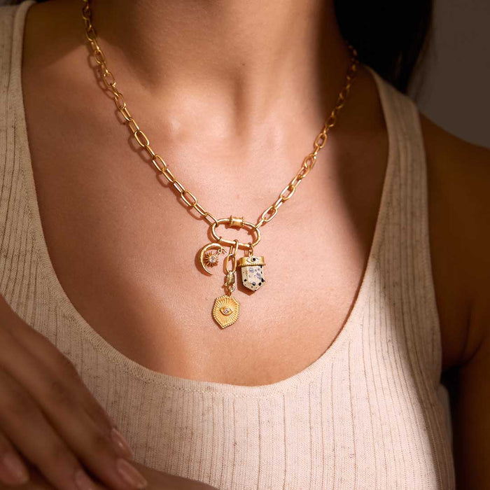 Charm Necklace Extender 1" added to a gold charm necklace, showcasing its elegance and versatility in spiritual jewelry, perfect for layering and enhancing your meditation and manifestation practices.