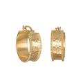 Pair of gold-tone hoop earrings with hammered texture and beaded border detail.