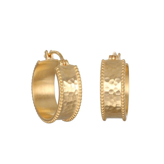 Pair of gold-tone hoop earrings with hammered texture and beaded border detail.