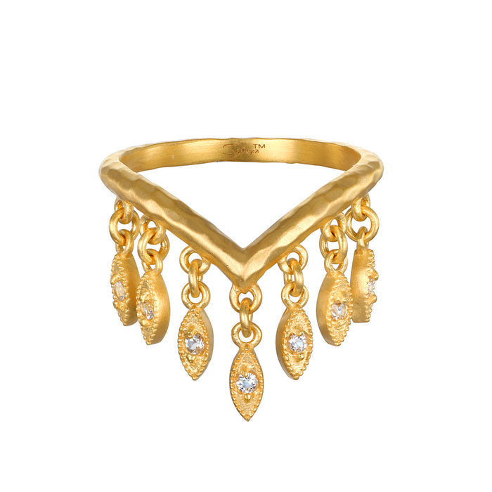 Gold V-shaped ring with dangling petal charms set with white topaz stones.