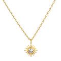 Clarity White Topaz Starburst Necklace featuring an exquisite 18kt gold plated design with a shining starburst pendant, symbolizing dreams and guidance. This spiritual jewelry is perfect for meditation and as a meaningful talisman for zodiac enthusiasts, enhancing intuition and protection. Ideal for yoga practices, it represents the sun and moon's connection, making it a powerful piece for manifestation and personal growth.