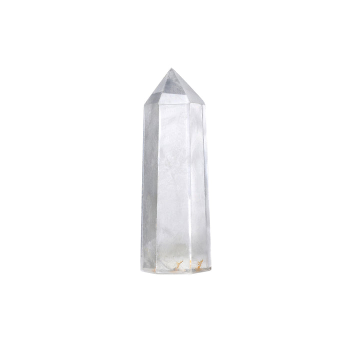 A clear quartz crystal, known for its healing properties, ideal for spiritual jewelry and meditation. This elegant talisman enhances manifestation and is perfect for yoga and zodiac practices, symbolizing protection and balance under the sun and moon.