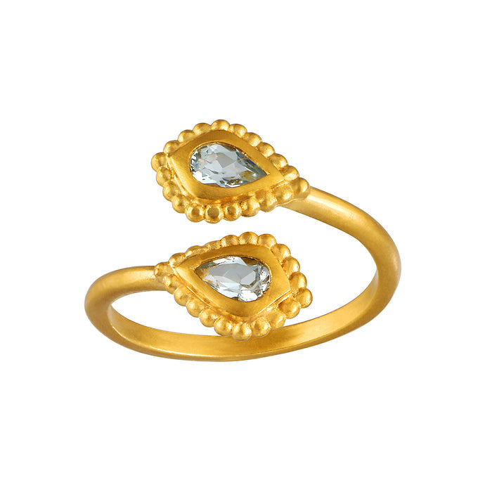 Commune with Love Blue Topaz Adjustable Ring featuring two pear-shaped blue topaz stones, symbolizing wisdom and love. This elegant piece of spiritual jewelry is perfect for meditation and manifestation, embodying the charm of zodiac signs while providing protection and meaning in your life.