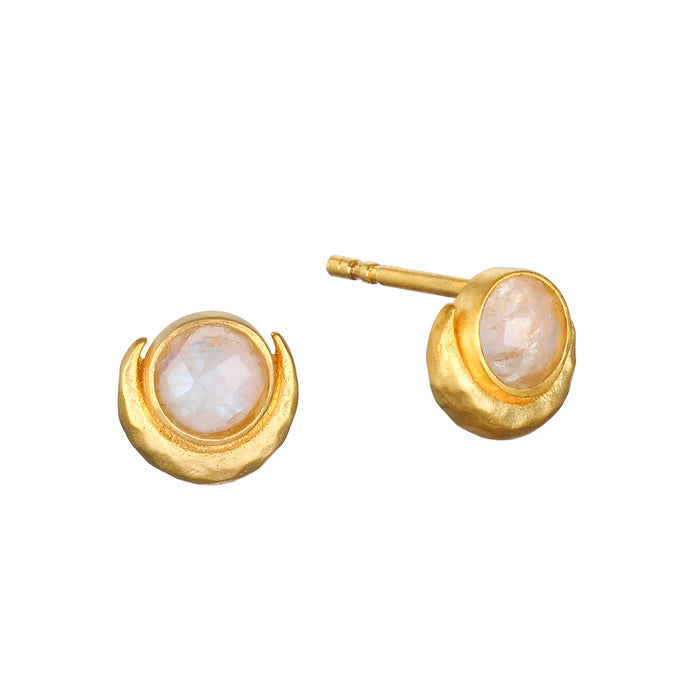 Cradled in Light Moonstone Earrings featuring gleaming 18kt gold plated crescent moons with luminous moonstone orbs, perfect for spiritual jewelry, meditation, and as a meaningful talisman embodying the protective essence of the sun and moon, ideal for manifestation and yoga practices.