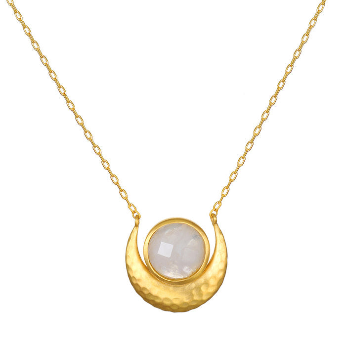 Cradled in Light Moonstone Necklace featuring a crescent moon design with a luminous moonstone, embodying spiritual jewelry meant for meditation and protection, connecting the essence of the sun and moon, symbolizing meaning and manifestation.
