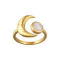 Cradled in Light Moonstone Ring featuring a crescent moon design with a luminous moonstone, symbolizing spirituality and protection. This piece of spiritual jewelry embodies the essence of meditation, talismans, and the zodiac. Ideal for yoga lovers, it carries a meaningful message of manifestation, connecting sun and moon energies.