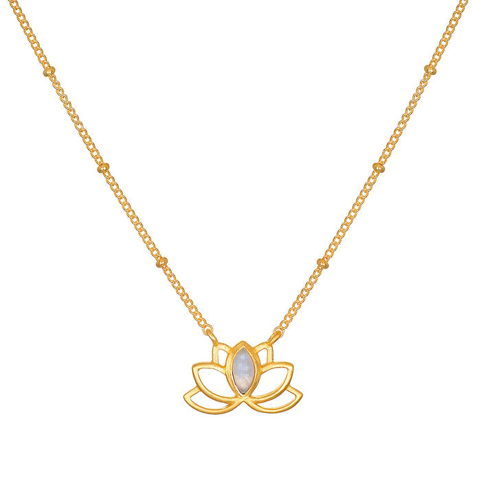 Cultivate Intuition Lotus Moonstone Necklace, featuring a delicate gold-plated lotus pendant with moonstone, symbolizing new beginnings and spirituality. Ideal for meditation and manifestation, this piece embodies meaning and charm, perfect for yoga enthusiasts and those seeking protection.