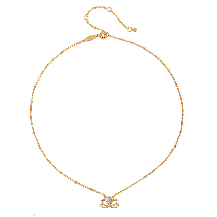 Cultivate Intuition Lotus Moonstone Necklace displayed elegantly to highlight its 18kt gold plating and intricate lotus design with moonstone, representing nourishment and infinite potential. A perfect talisman for meditation, protection, and spiritual practice.