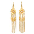 Pair of gold drop earrings with opal stone centers surrounded by sun motifs and multiple chain fringe strands.