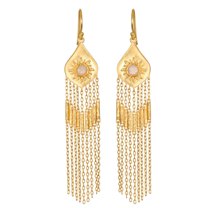 Pair of gold drop earrings with opal stone centers surrounded by sun motifs and multiple chain fringe strands.