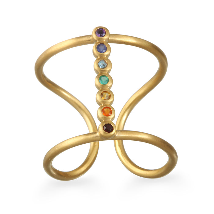 Divine Alignment Chakra Adjustable Ring featuring gleaming stones representing the seven chakras, crafted from 18kt gold plate over brass. This beautiful piece of spiritual jewelry is perfect for meditation gifts, embodying meaning and protection while symbolizing yoga and manifestation. A meaningful amulet that resonates with sacred energies, ideal for zodiac enthusiasts and those seeking harmony in their lives.