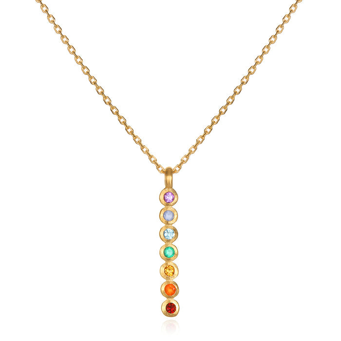 Divine Alignment Gemstone Chakra Necklace featuring vibrant gemstones including amethyst, blue agate, blue topaz, green onyx, citrine, carnelian, and red garnet in a vertical design. This spiritual jewelry piece is perfect for meditation gifts, mantra practice, and yoga. Its meaningful, symbolic nature aids in manifestation while offering protection and connection to sacred energy, making it an ideal amulet for zodiac enthusiasts.
