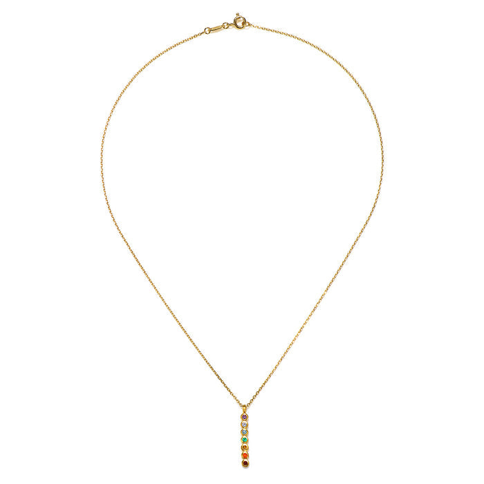 Close-up of the Divine Alignment Gemstone Chakra Necklace, showcasing its vibrant gemstones aligned vertically, ideal for meaningful and symbolic spiritual jewelry, enhancing your mantra practice and protective energy.