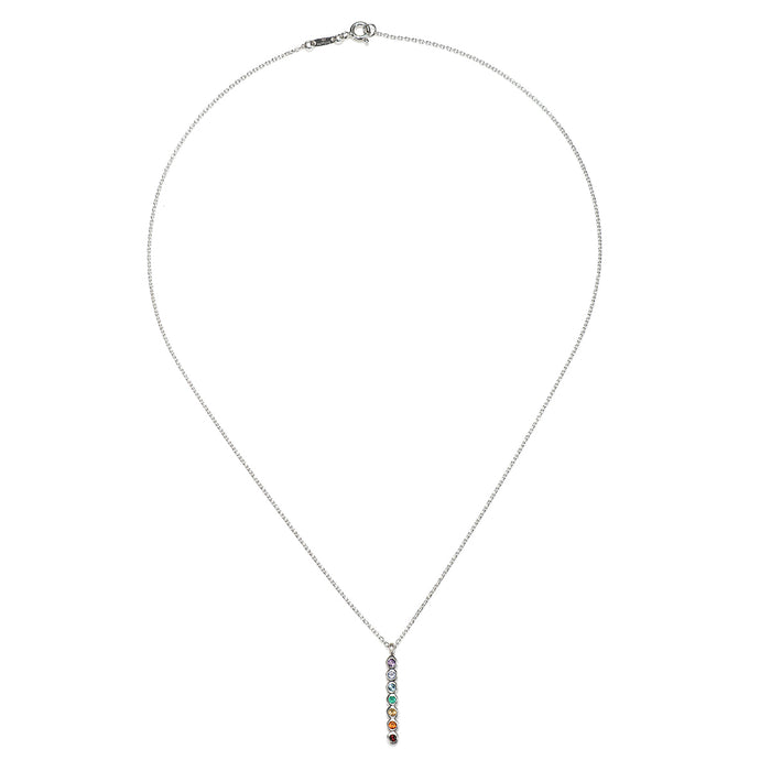 Front view of the Divine Alignment Gemstone Chakra Silver Necklace, showcasing a vertical pendant with a rainbow of gemstones for balance and harmony, a meaningful piece for sacred practices like yoga and mantra.