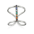 Divine Alignment Silver Chakra Ring featuring vibrant gemstones representing the seven chakras. This spiritual jewelry is perfect for meditation gifts, symbolizing meaningful and protective energy for yoga practices. A beautiful amulet that reflects the manifestation and deeper meaning of sacred energy, connecting wearers to their zodiac and spiritual journey.