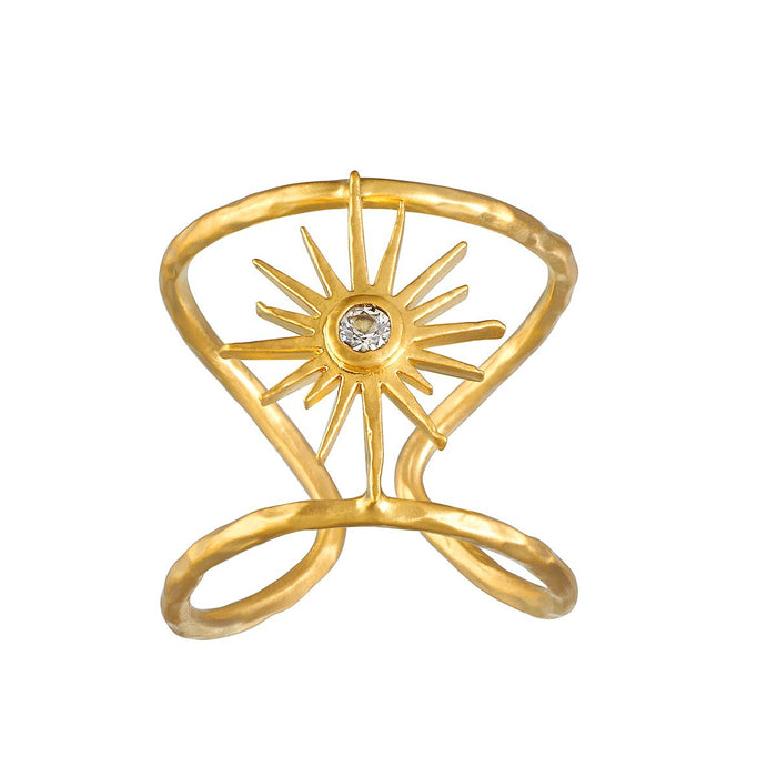 Divine Dreams Starburst Adjustable Ring showcases a stunning starburst design with a white topaz center, embodying spiritual jewelry that inspires creativity, individuality, and meditation. Perfect as a talisman for manifestation and protection, this piece radiates the essence of the sun and holds meaningful charm for your yoga practice.