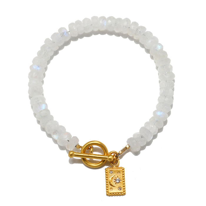 Divine Knowing Moonstone Bracelet featuring shimmering moonstone beads and a beautiful gold clasp, perfect for spiritual jewelry and meditation. This talisman symbolizes zodiac connections, protection, and meaningful intentions for yoga and manifestation.