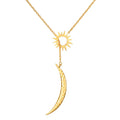 Dreams Celestial Sun and Moon Lariat Necklace featuring a stunning crescent moon and radiant sun pendant, crafted in 18kt gold plating, perfect for spiritual jewelry enthusiasts. This piece embodies protection and guidance, making it an ideal talisman for meditation, yoga, and meaningful manifestations related to the zodiac.