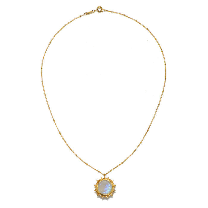 Close-up of the Drift Into Daydreams Moonstone Gemstone Necklace showcasing a single moonstone pendant set in 18kt gold plate, perfect for spiritual practice, meditation, and a meaningful piece for those interested in zodiac and talisman symbolism.