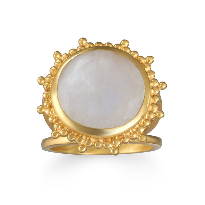 Drift Into Daydreams Moonstone Ring featuring a stunning moonstone set in a beaded starburst design, symbolizing intuition and good fortune. This beautiful statement ring is perfect for those who appreciate spiritual jewelry and its meaning in meditation and manifestation. Ideal for zodiac connections, this talisman enhances meditation practices, offering protection and aligning with the sun and moon's energy.