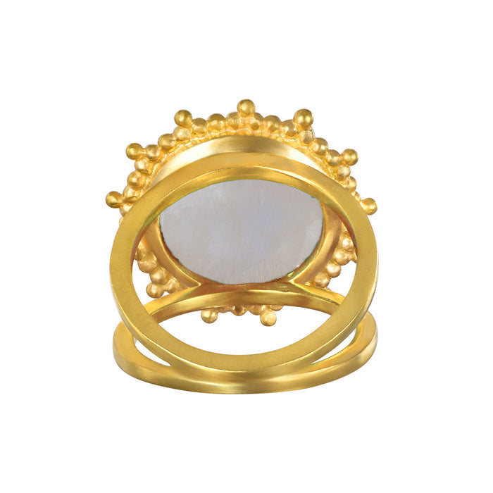 The Drift Into Daydreams Moonstone Ring displayed from the back, highlighting the unique design and craftsmanship, embodying the essence of spiritual protection and manifestation.