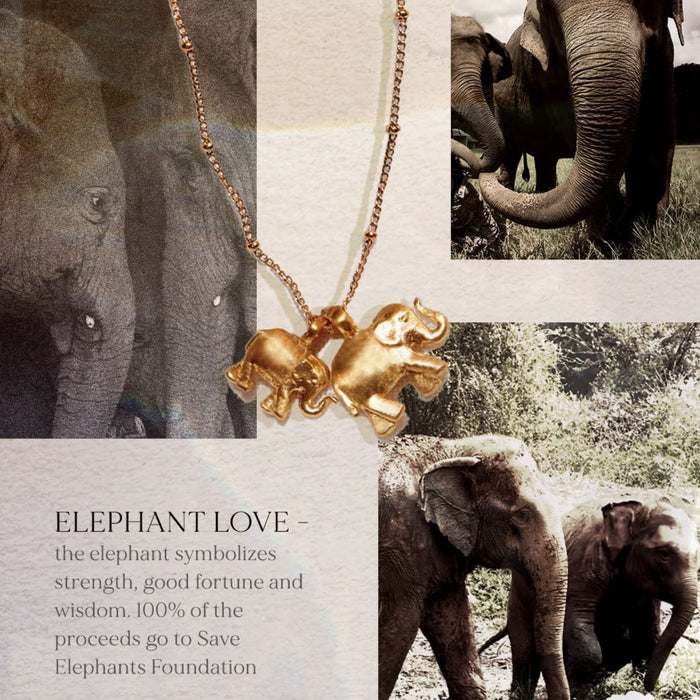 Collage showcasing elephants in nature alongside the Elephant Love Gold Necklace, emphasizing the connection to spirituality, meaning, and manifestation while supporting the Save Elephant Foundation.