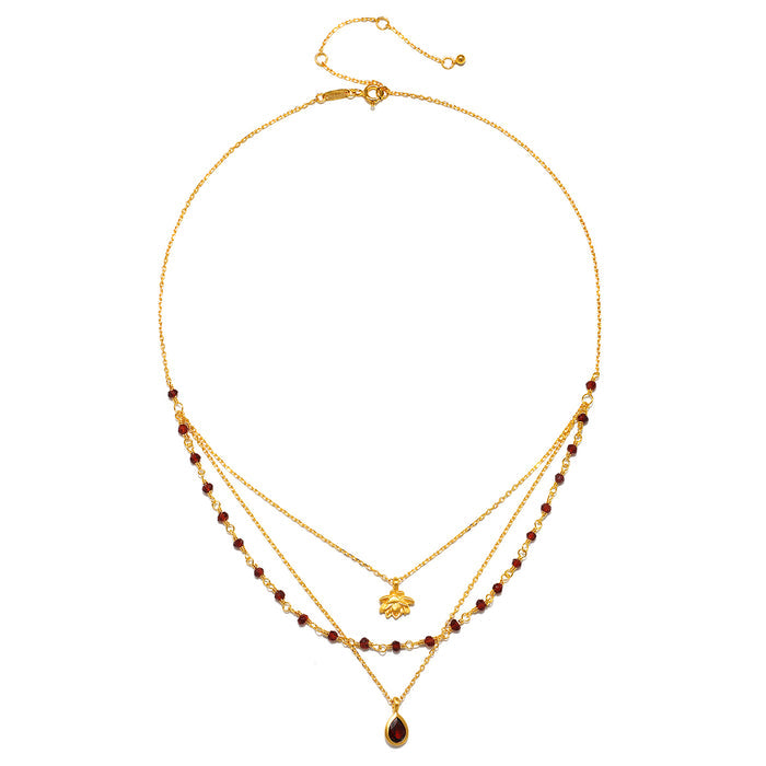 Embrace Change Garnet Lotus Triple Necklace, crafted with an 18kt gold plate and stunning garnet beads, represents transformation and grounding energy, perfect for spiritual jewelry associated with meditation, talismans, zodiac signs, and meaningful manifestations in yoga practices.