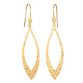 Pair of gold drop earrings with hammered almond-shaped pendants on curved wires.