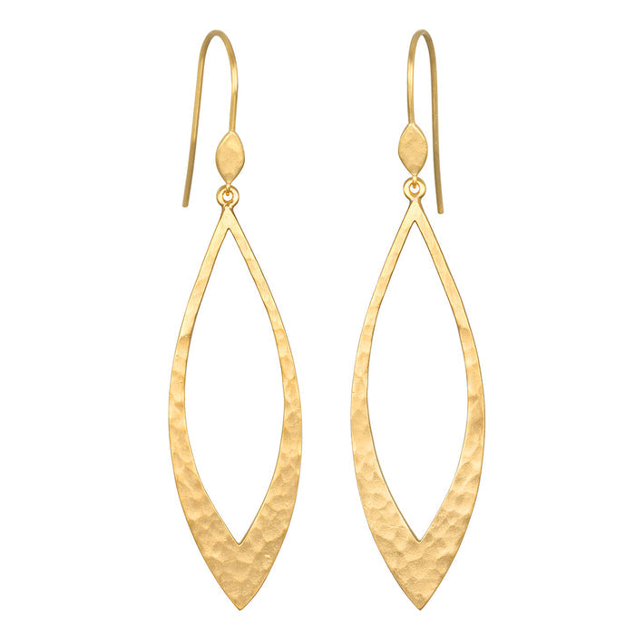 Pair of gold drop earrings with hammered almond-shaped pendants on curved wires.