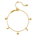 Enchanted Journey Celestial Charm Bracelet showcasing delicate gold chain adorned with crescent moons and suns, embodying spiritual jewelry and talisman for protection, perfect for meditation and manifestation.