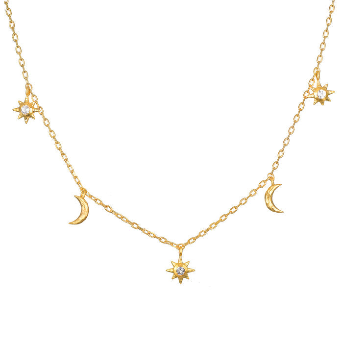 Enchanted Journey Celestial Choker Necklace featuring crescent moons and suns, symbolizing spiritual jewelry and protection, ideal for meditation and manifestation practices. This meaningful piece combines elements of zodiac and talismans, perfect for yoga enthusiasts.