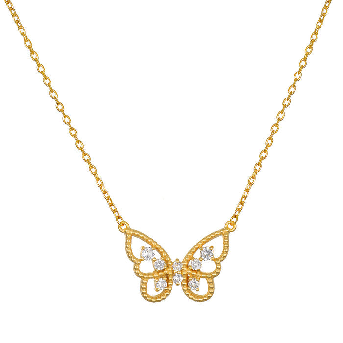 Gold-tone butterfly pendant necklace with clear crystal accents and textured wings on a delicate chain.