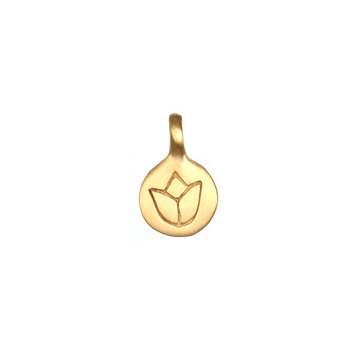 Engraved Lotus Charm in 18kt gold plate, symbolizing new beginnings and infinite potential, perfect for spiritual jewelry, meditation, and meaningful manifestations. Ideal as a talisman for zodiac enthusiasts and yoga practitioners, this charm complements your charm necklace beautifully.