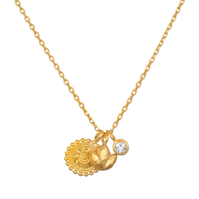 Enlightened Journey Mandala Lotus Charm Necklace featuring a mandala, lotus flower, and white topaz charm, perfect for spiritual jewelry, meditation, and meaningful manifestations.