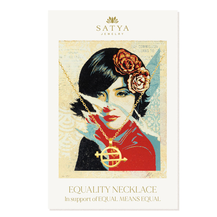 Packaging for the Equal Means Equal - Equality Necklace, adorned with artwork in support of equality. This captivating image emphasizes the necklace's symbolic nature and its role as a meaningful addition to any spiritual jewelry collection.
