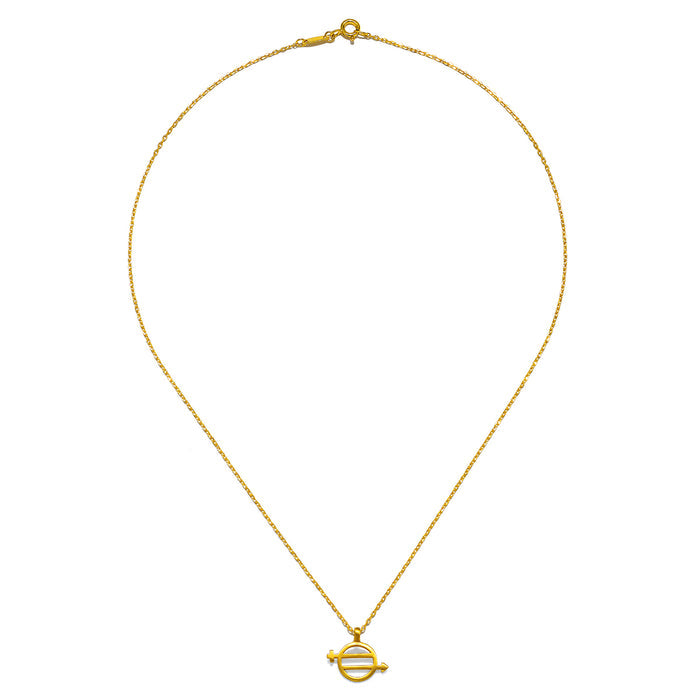The Equal Means Equal necklace laid out on a plain background, exhibiting its stylish design and glowing gold finish. This protective and meaningful jewelry piece resonates with the essence of spirituality, ideal for yoga enthusiasts and those seeking a powerful amulet of equality.