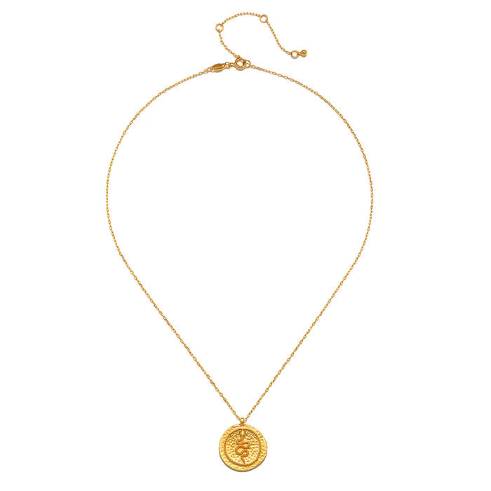 Eternal Energy Snake Coin Necklace featuring a gleaming 18kt gold plated pendant engraved with a serpent, symbolizing energy, immortality, and eternity. This piece of spiritual jewelry embodies spiritual protection and meaningful meditation qualities, perfect for yoga and manifestation practices.